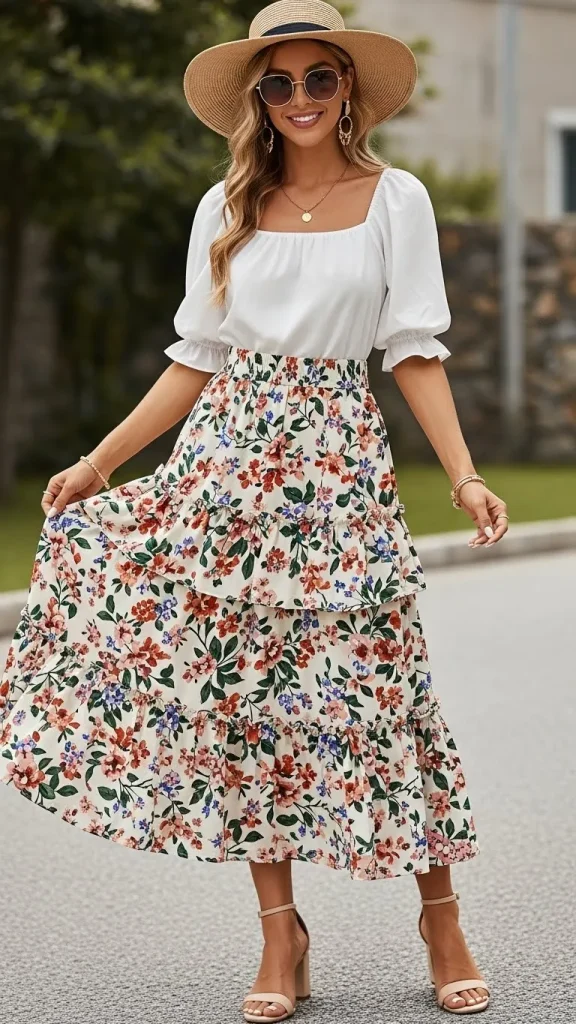 Tiered Ruffle Skirt With Square Neck Blouse
