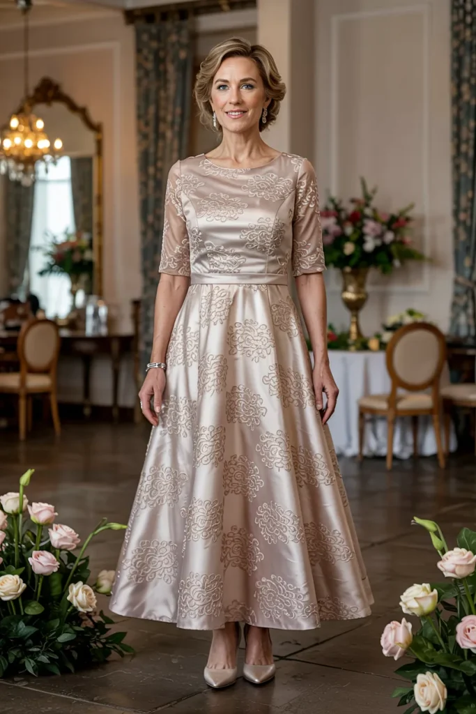 Timeless Champagne Lace and Satin Tea Length Mother of the Bride Dress