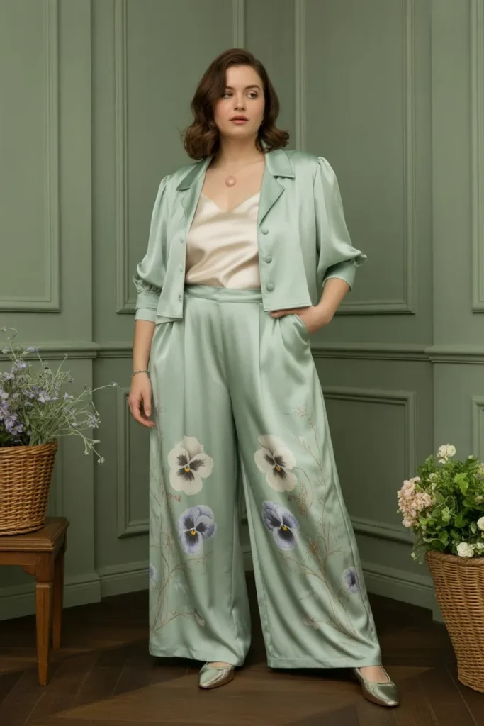 Trailing Vines Green Silk Palazzo Pants Cream Silk Camisole In Matching Cropped Jacket