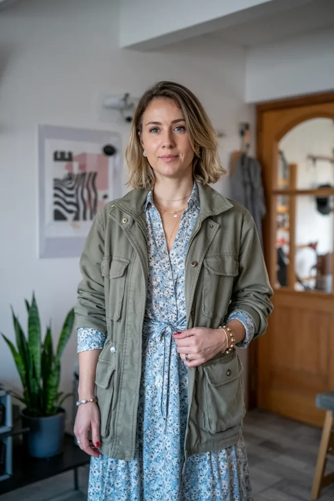 Utility Jacket and Floral Midi Dress
