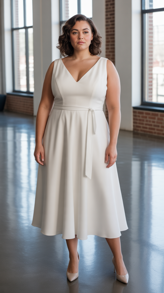 V Neck Midi Wedding Dress with Belt Tie