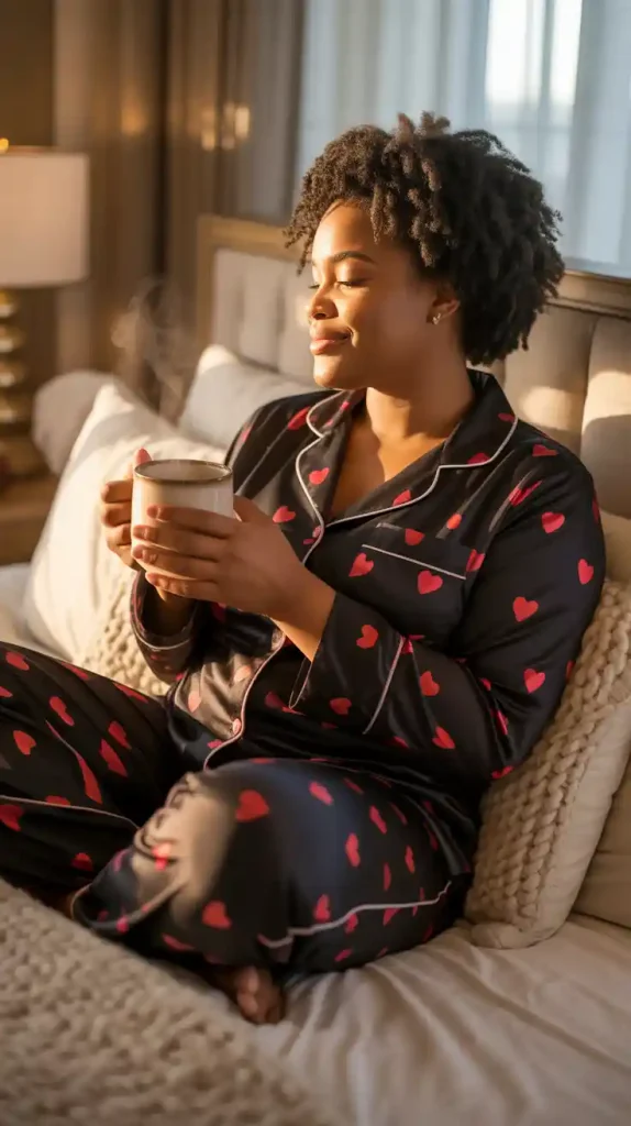 Valentines Black Heart Print Pajamas Sleepwear Set