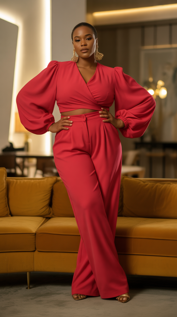 Valentines Bold Red Bishop Sleeves Two Piece Pant Set