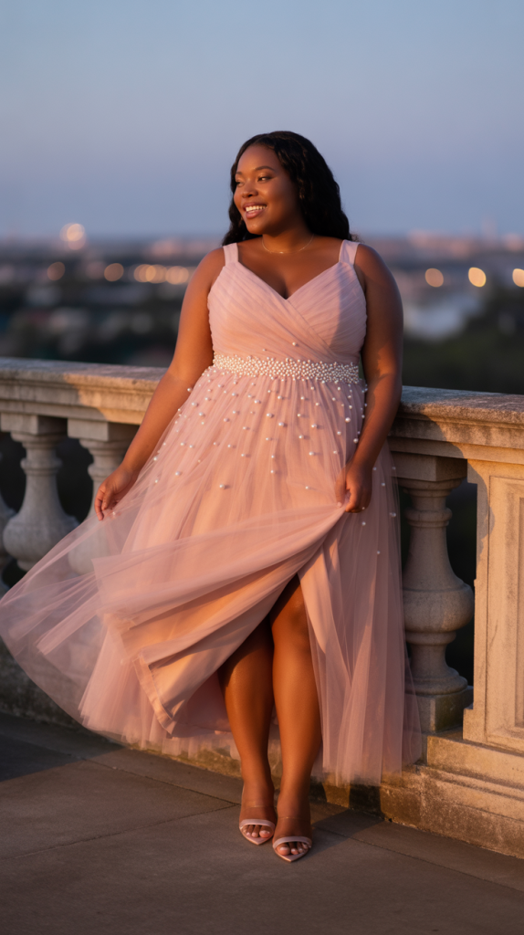 Valentines Pink Asymmetric Hem Pearls Tulle Maxi Dress