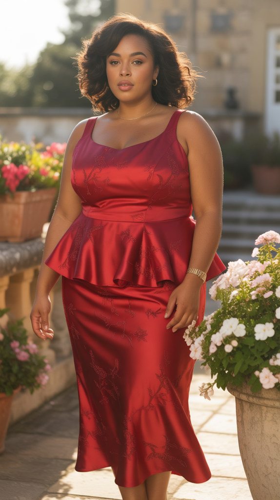 Valentines Red Floral Peplum Satin Midi Dress