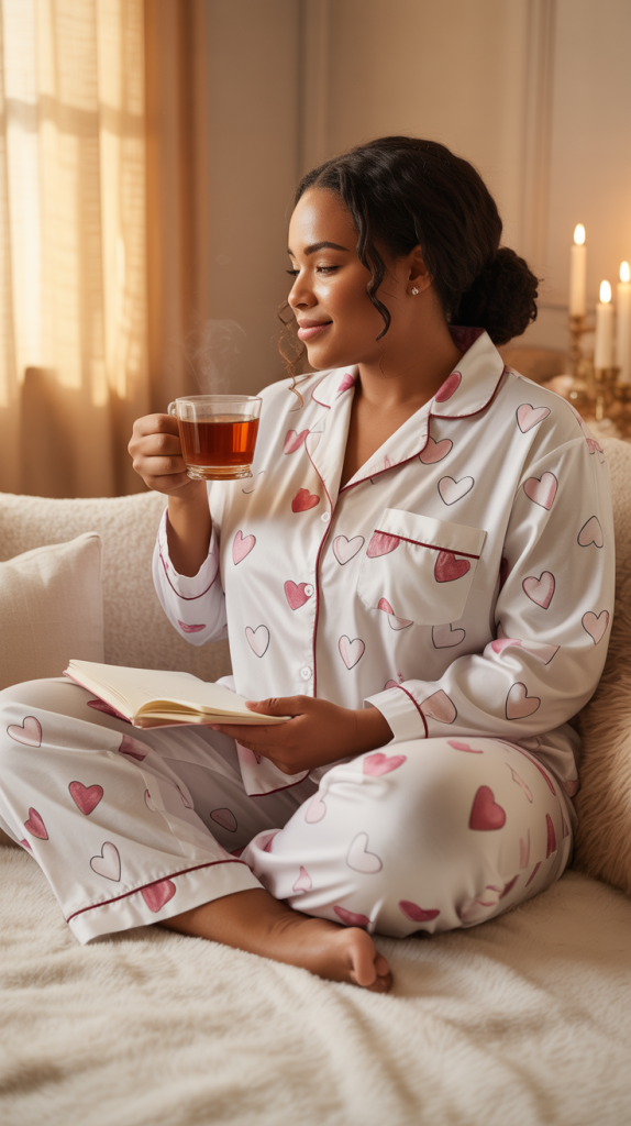 Valentines Self Care White Heart Print Pajamas Set