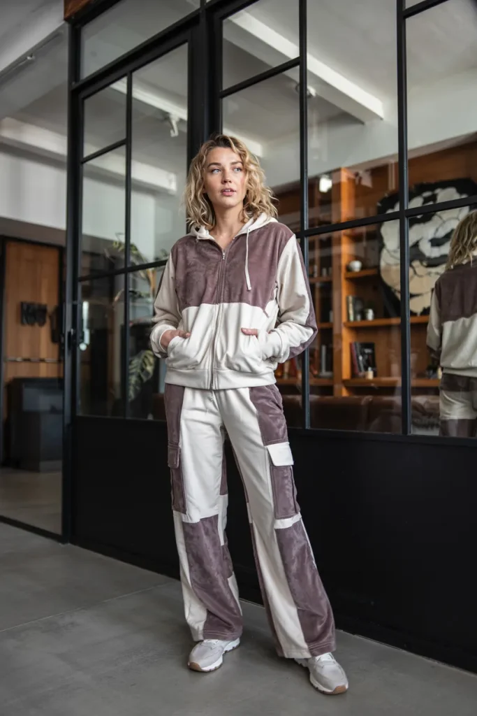 Velour Zip Up Hoodie and Patchwork Cargo Pants