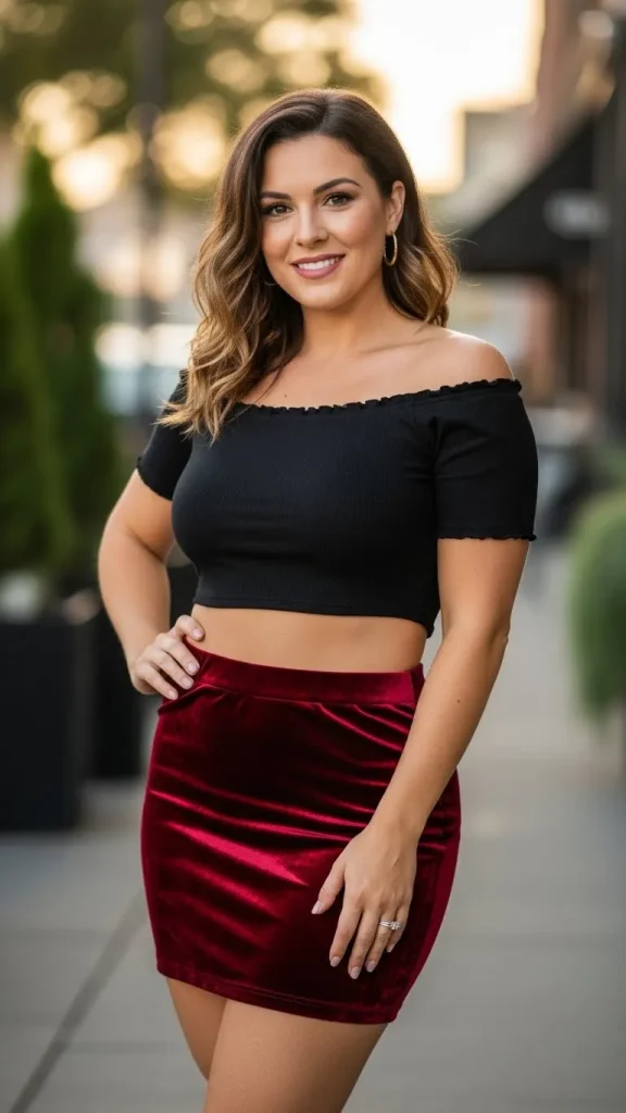 Velvet Mini Skirt With Off Shoulder Crop Top