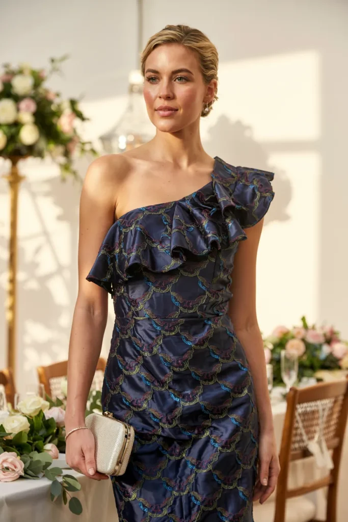 Vibrant Navy Multi Color One Shoulder Ruffled Jacquard Sheath Dress