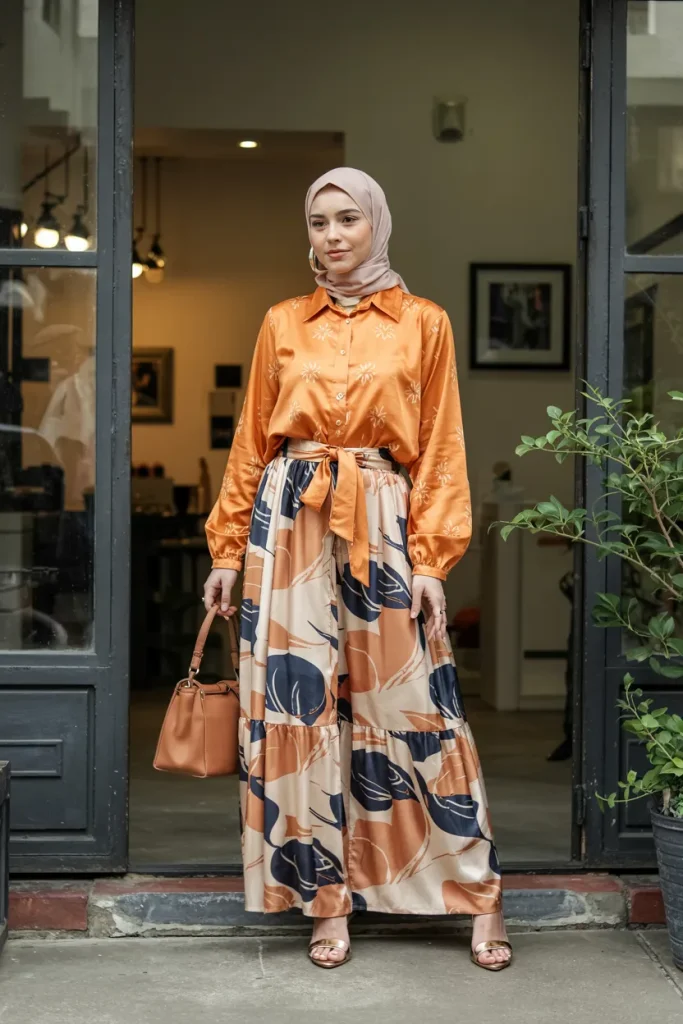 Vibrant Orange Blouse with Printed Maxi Skirt Spring Hijab Outfit
