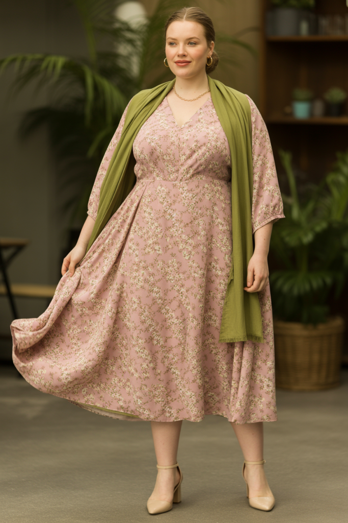Vintage Style Pink Ditsy Floral Midi Dress with Olive Shawl