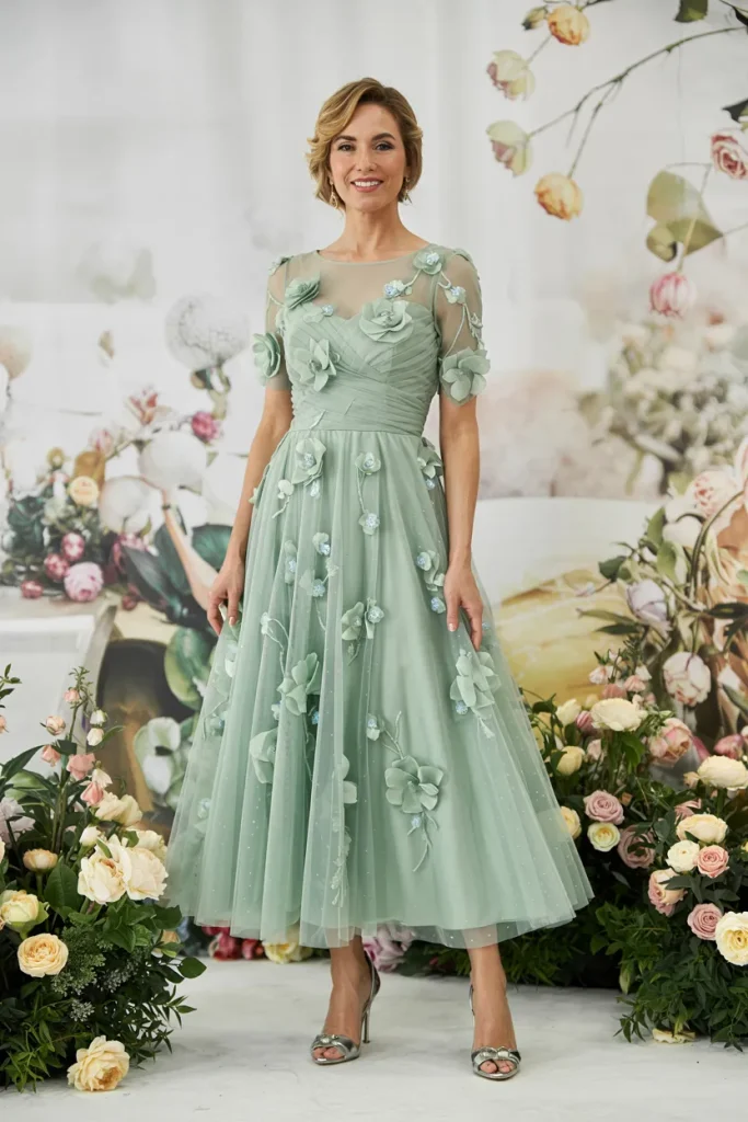 Whimsical Mint Tulle Tea Length Mother of the Bride Dress with Floral Appliques