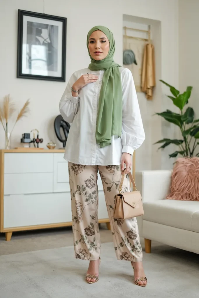 White Blouse Floral Tapered Pants and Green Hijab Outfit