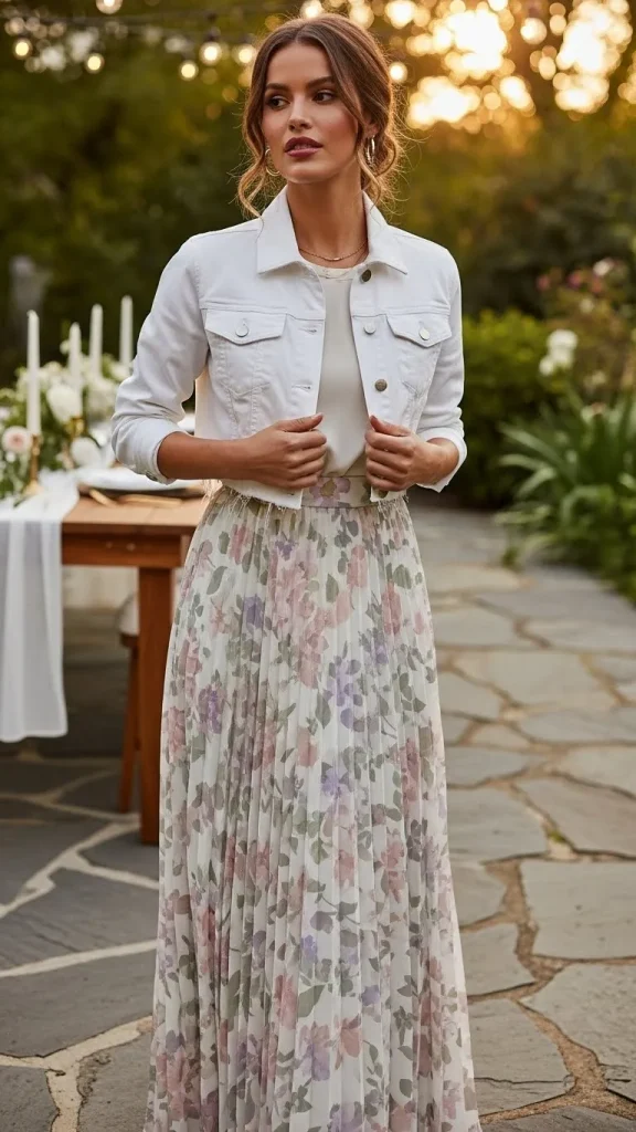 White Cropped Denim Jacket with Pleated Maxi Skirt