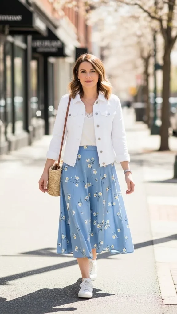 White Denim Jacket with A Line Skirt