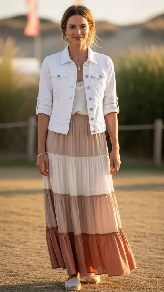 White Denim Jacket with Tiered Maxi Skirt