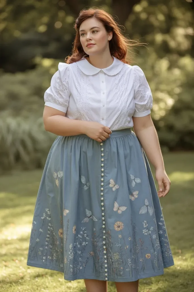 White Eyelet Blouse With Midi Skirt Featuring Butterflies And Meadow Flowers