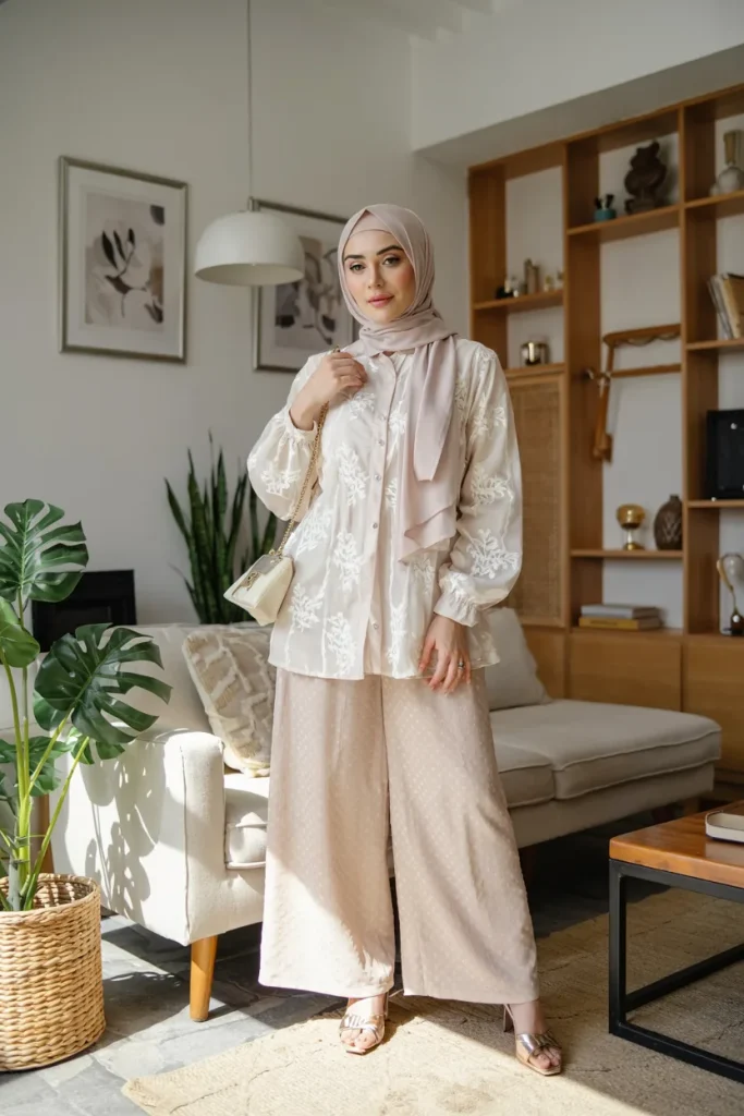 White Lace Blouse Wide Leg Pants and Light Hijab Spring Outfit