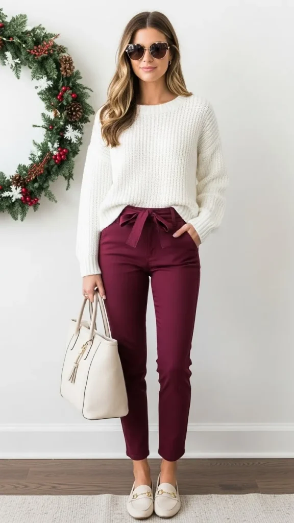 White Sweater with Burgundy Pants