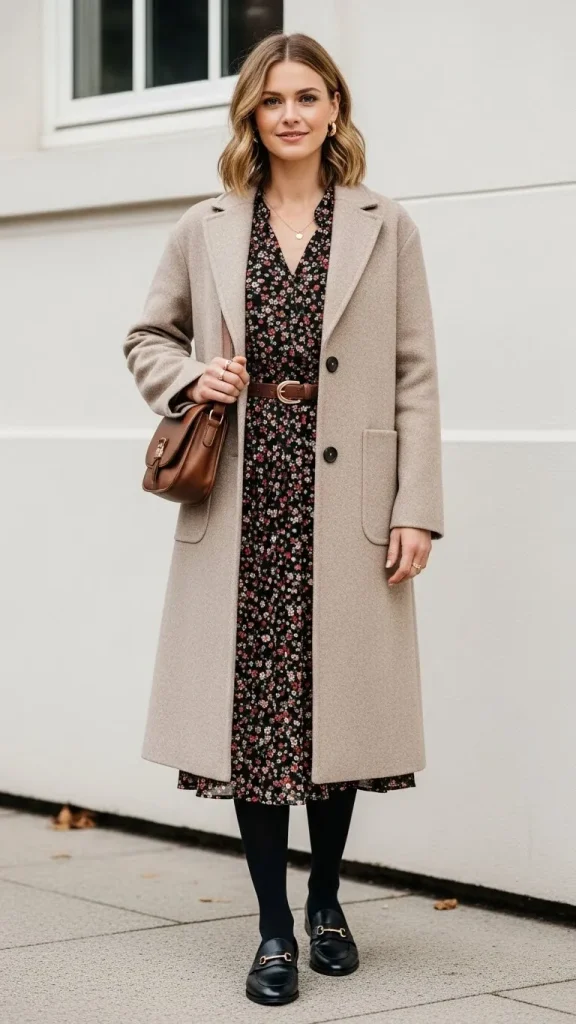 Wool Coat with Midi Dress