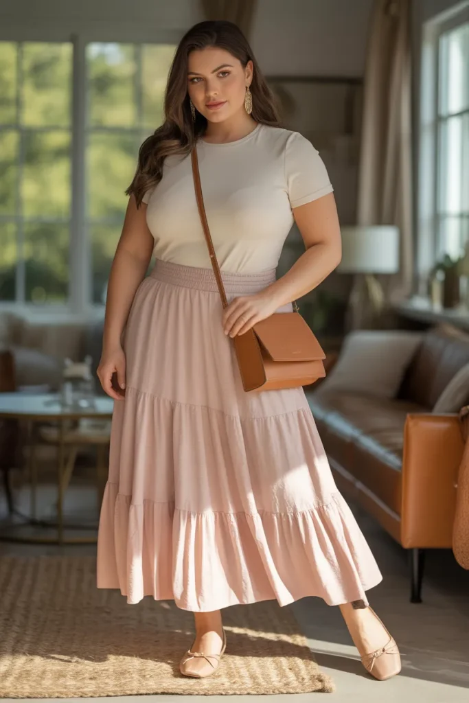 plus Size Tiered Ruffle Skirt and Fitted Tee Outfit