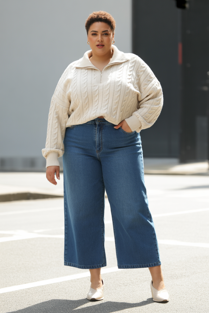 wide leg cropped jeans with quarter zip cable knit