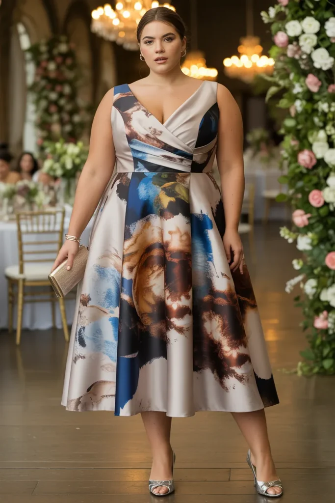 Abstract Impressionist Floral Print Plus Size Wedding Guest Dress