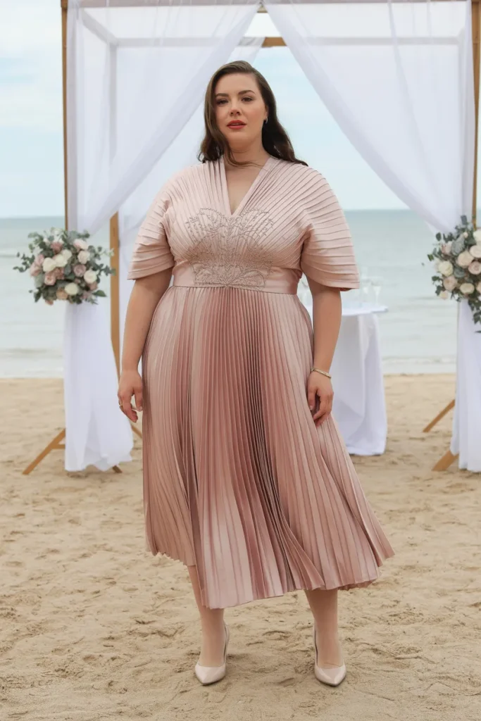 Architectural Pleated Blush Pink Plus Size Beach Wedding Guest Dress