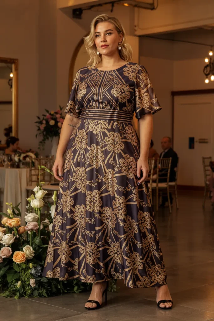 Art Deco Geometric Floral Plus Size Wedding Guest Dress