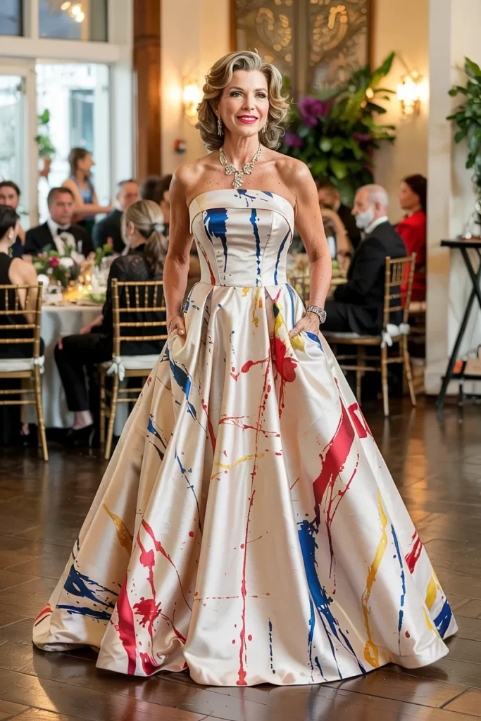 Artsy Pollock Paint Splatter Print Strapless Ballgown with Pockets