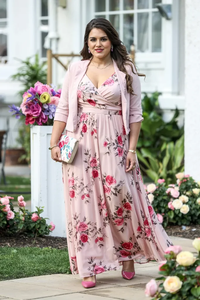 Baby Pink Floral Print Chiffon Maxi Dress With Jacket