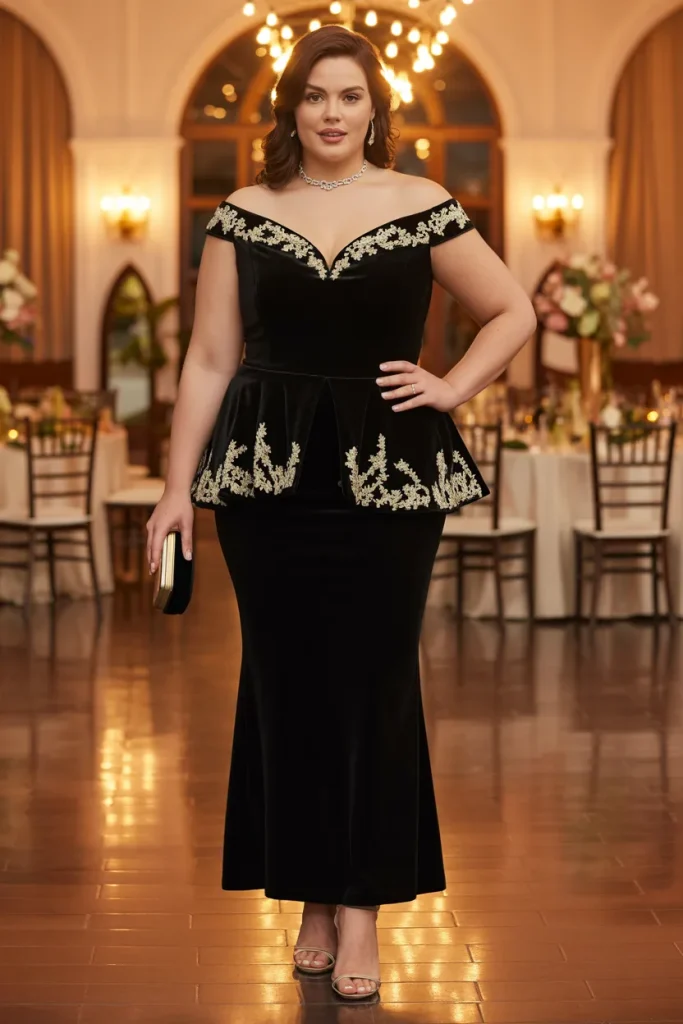 Bardot Neckline Velvet Peplum Black Wedding Guest Dress