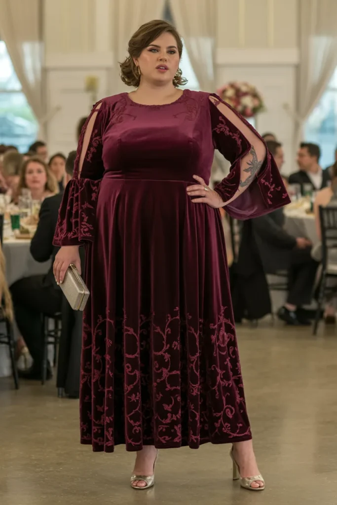Bell Sleeve Burnout Velvet Plus Size Long Sleeve Wedding Guest Dress