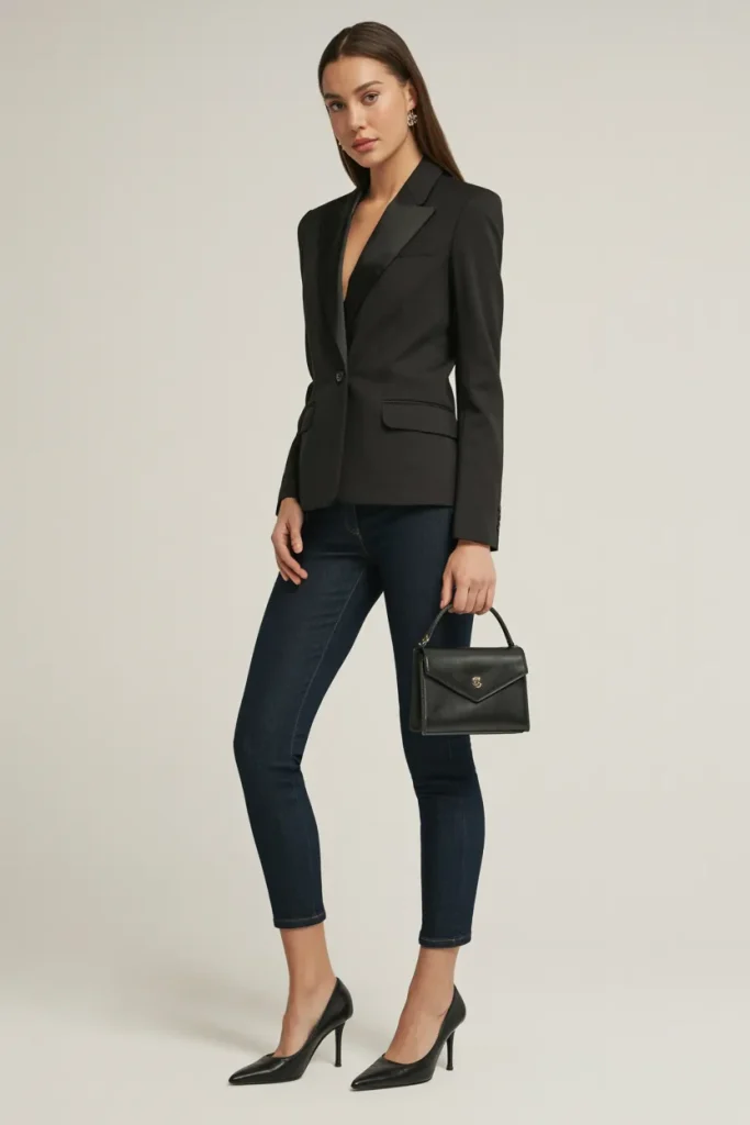 Black Blazer with Ankle Jeans and Small Handbag