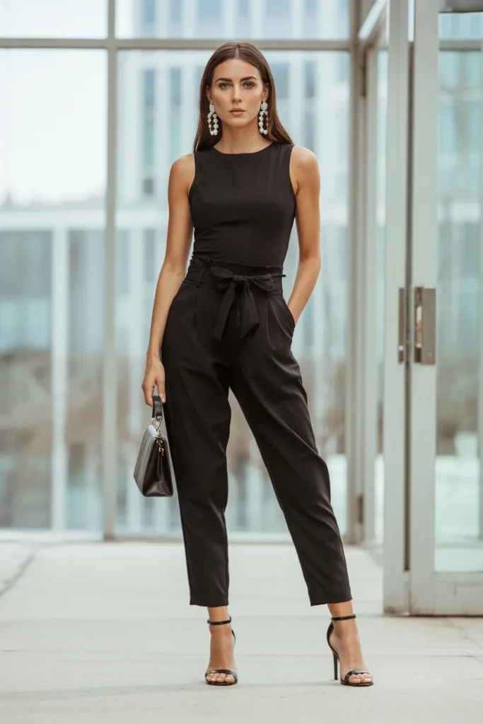 Black Bodysuit with Paper Bag Pant and Heel Sandals