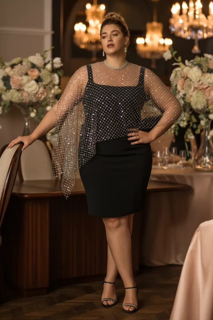 Black Diamond Mesh Cape Plus Size Wedding Guest Cocktail Dress