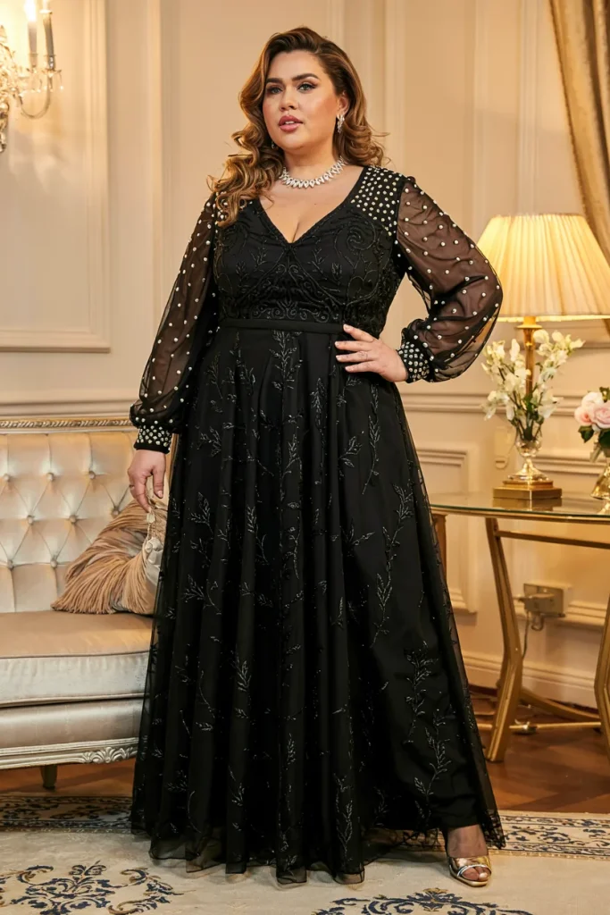 Black Evening Gown with Pearl Studded Mesh Sleeve