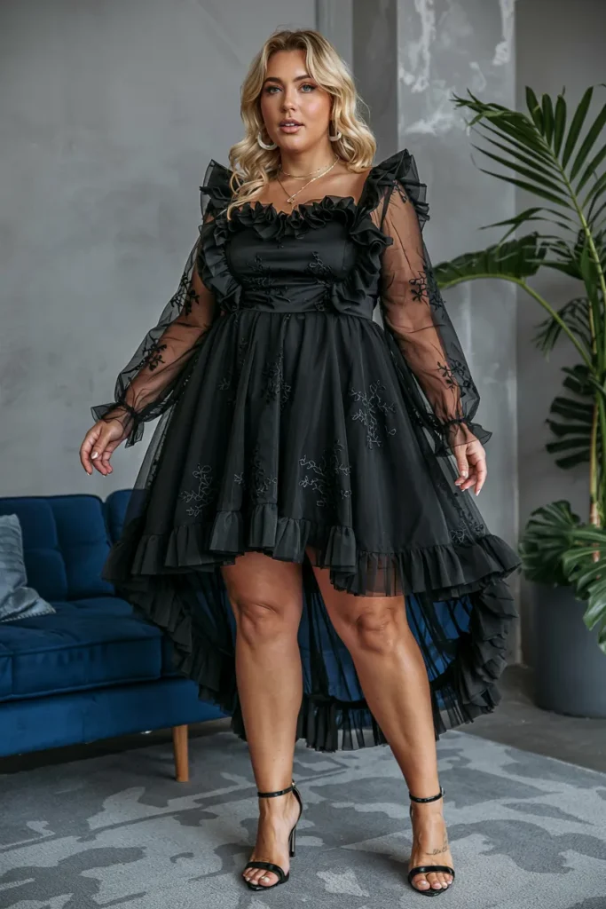 Black High Low Hem Ruffle Tulle Mini Dress