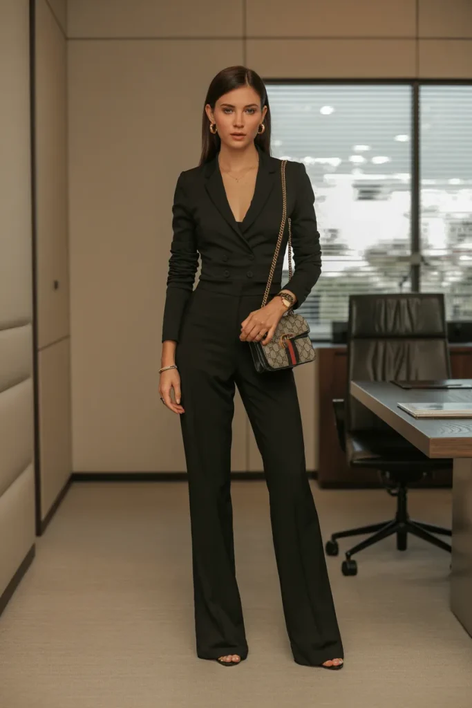 Black Jumpsuit with Small Gucci Handbag