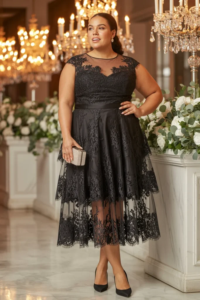 Black Lace Illusion Tiered Skirt Plus Size Wedding Guest Cocktail Dress