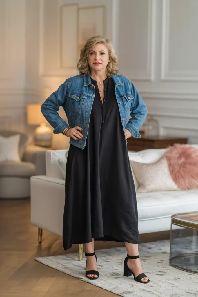 Black Loose Dress Over Denim Jacket and Ankle Heels
