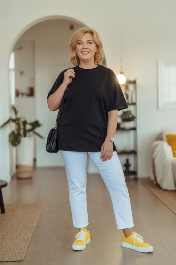 Black Oversized T Shirt with White Jeans and Yellow Sneakers