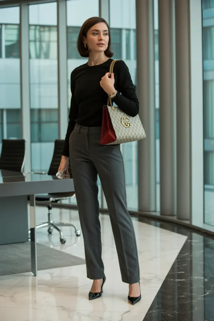 Black Skinny Top with Dress Pant and Gucci Handbag