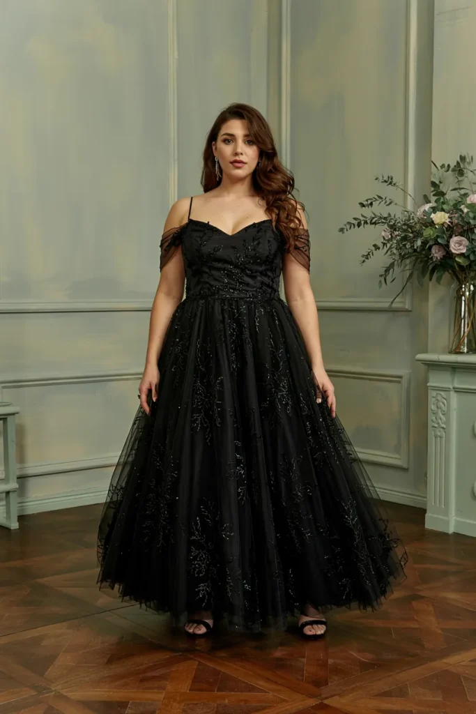 Black Sparkle Tulle Ball Gown with Sweetheart Neckline