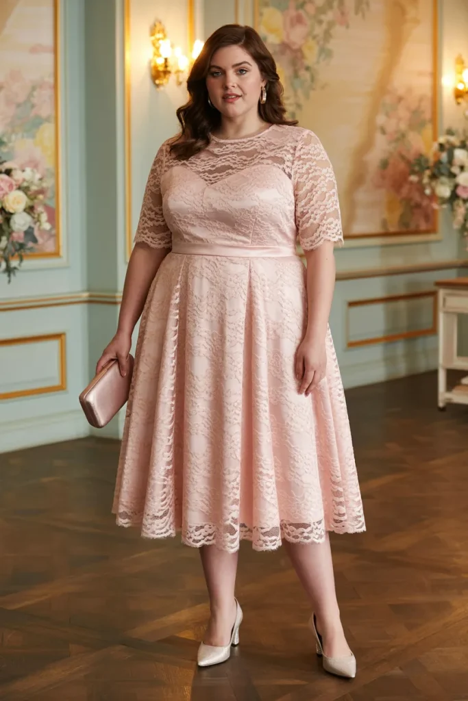 Blush Lace Overlay Plus Size Wedding Guest Cocktail Dress