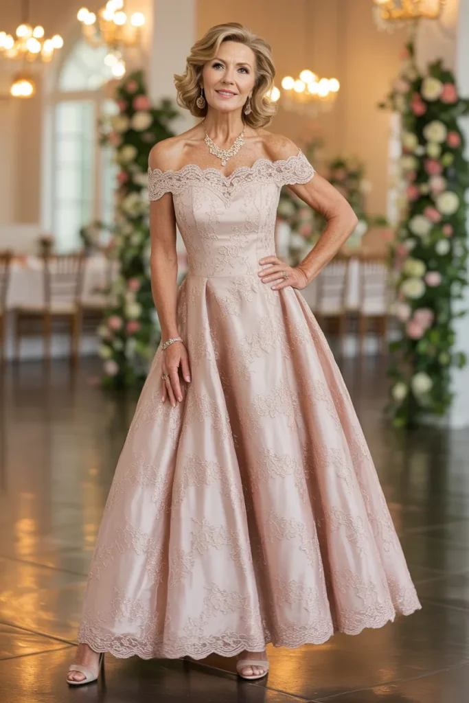 Blush Off the Shoulder Lace A Line Dress