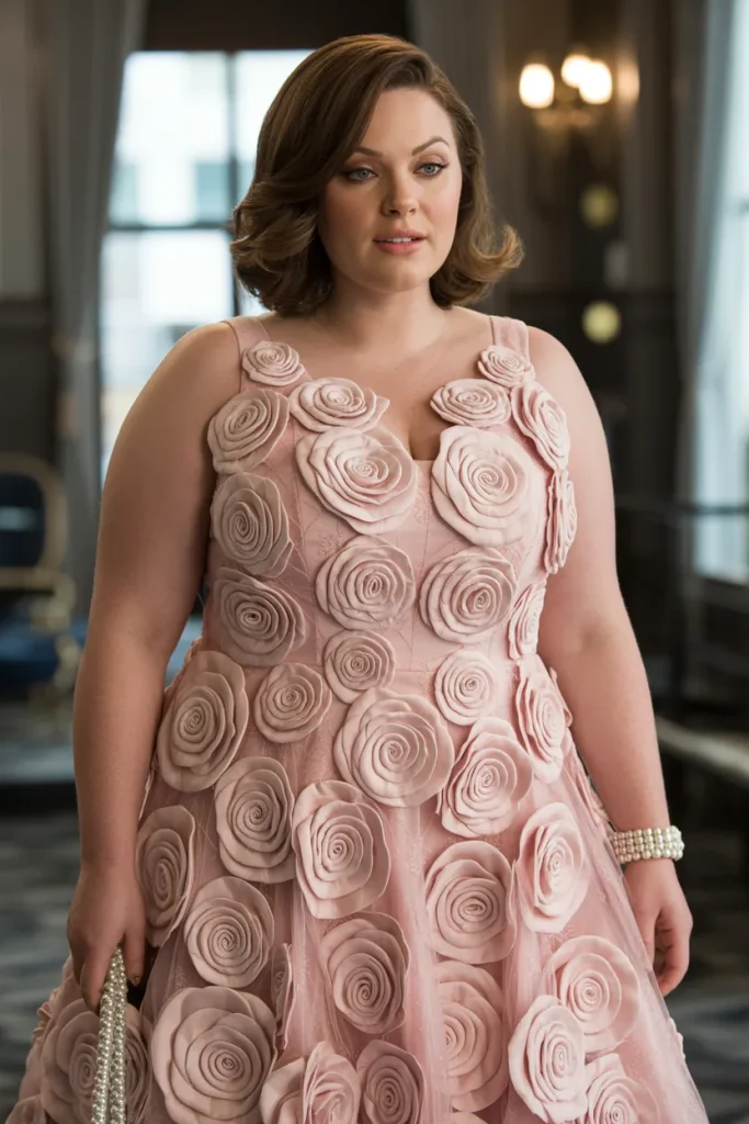 Blush Pink Sculptural Rose Plus Size Formal Wedding Guest Dress