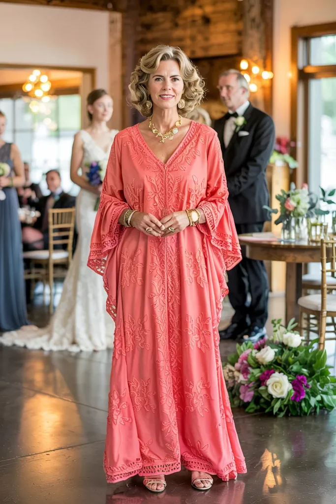 Bohemian Coral Lace Wedding Caftan Maxi Dress with Bell Sleeves