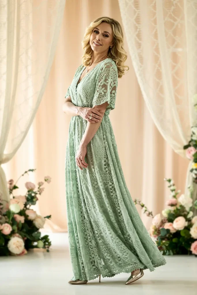 Bohemian Sage Green Lace Maxi Mother of the Bride Dress