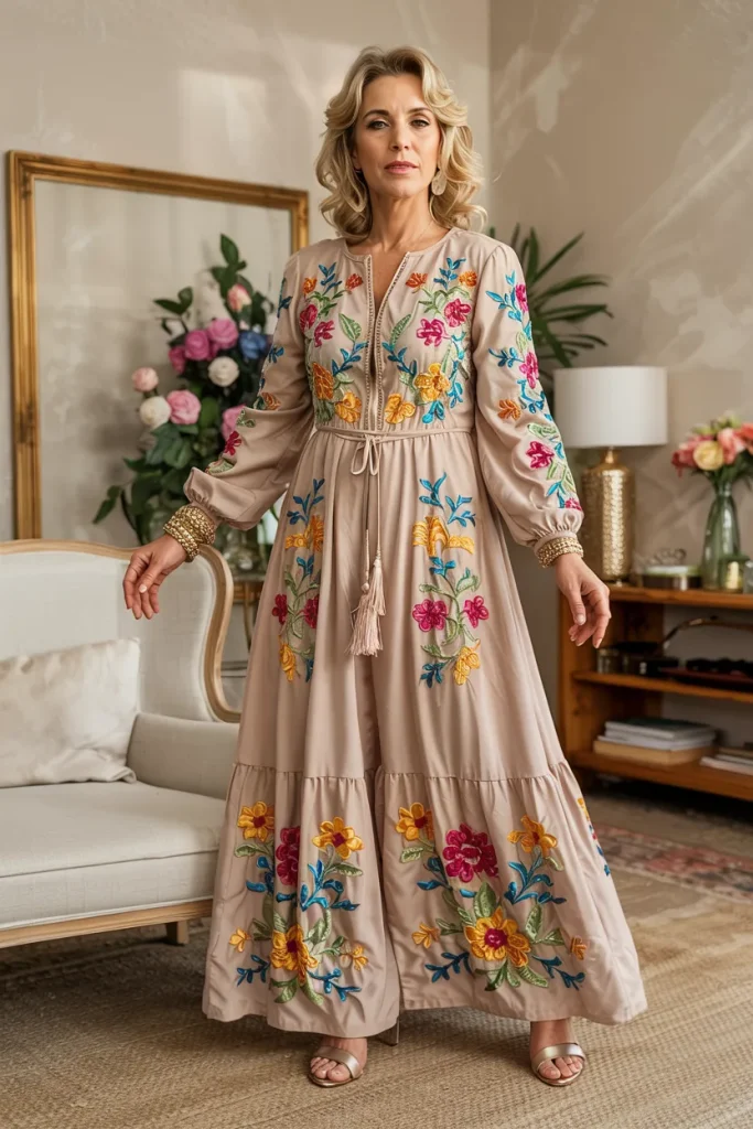 Boho Chic Floral Embroidered Maxi Mother of the Bride Dress